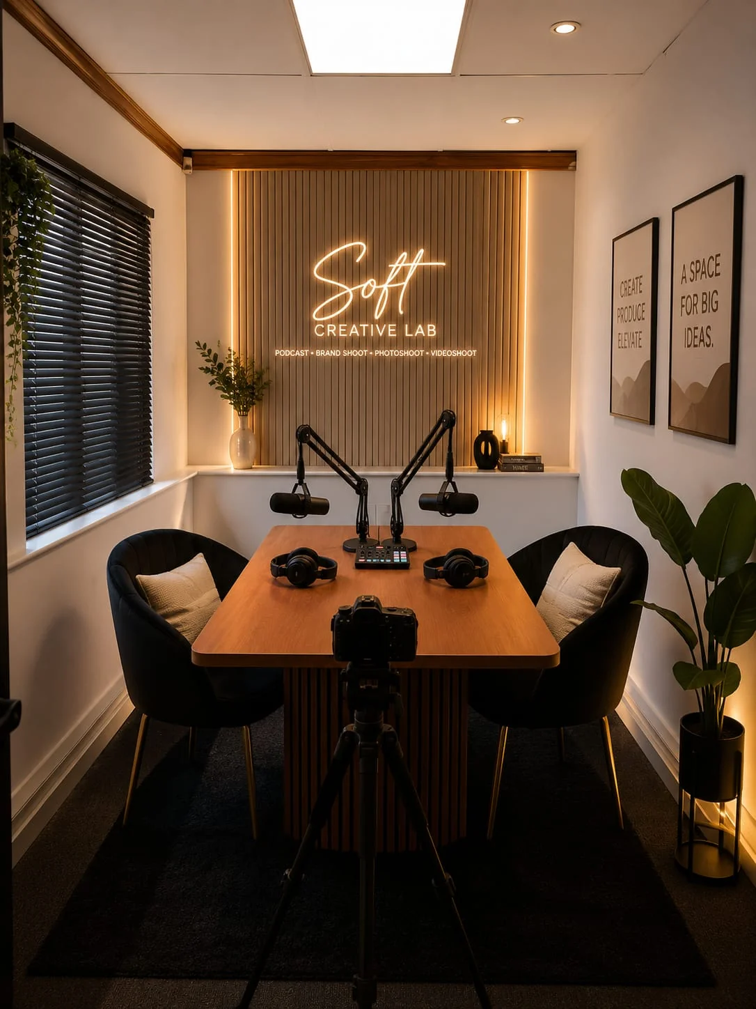 Modern professional photography studio interior with cinematic lighting